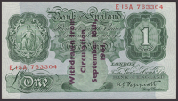 Bank of England, Kenneth O. Peppiatt, Guernsey Overprint, £1, 1941, serial number E15A 763304, with ‘Withdrawn...