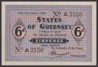States of Guernsey, 6 Pence, 16 October 1941, serial number A3550, well embossed, uncirculated and scarce in this...