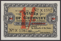 States of Guernsey, 1 Shilling on 1 Shilling and 3 Pence, 1 January 1943, serial number X1582, uncirculated, a...