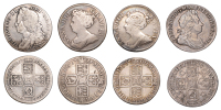 Anne, Shillings (2), 1709, third bust, 1711, fourth bust (ESC 1402, 1408; S 3610, 3618); George I, Shilling, 1723,...