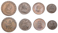 George III, Penny, 1797, 10 leaves, Halfpennies (2) 1771, 1806 Farthing, 1773 (S 3774-5, 3777, 3781) [4]. Good very...