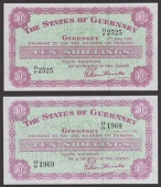 States of Guernsey, 10 Shillings (2), 1959 and 1961, serial numbers 11/F 2525 and 12/O 1969, Guillemette signature,...