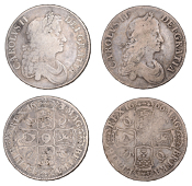 Charles II, Crowns (2), 1666, second bust with crooked ties, edge xviii, 1673, third bust, edge vicesimo qvinto (ESC...