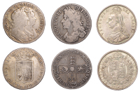 James II, Halfcrown, 1685, first bust, edge primo (ESC 748; S 3408); William and Mary, Halfcrown, 1689, second...