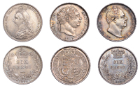 George III, Sixpence, 1817 (S 3791); William IV, Sixpence 1835 (S 3836); Victoria, Sixpence, 1890 (S 3929) [3]....