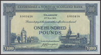Clydesdale & North of Scotland Bank Limited, £100, 2 May 1951, serial number A003458, Campbell signature, fresh and...