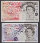 Bank of England, Merlyn V. Lowther, £5, £10, £20, and £50, 1 January 1999, serial numbers EA01 000215, KL01...