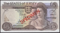States of Jersey, a specimen set from the 1983 series, comprising £5 (2), prefixes KB, and JB, £10 (2) prefixes FB...