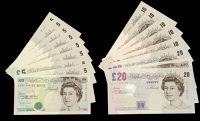 Bank of England, Merlyn V. Lowther, £5, 1 January 1999, prefix EH27, £20 (3), 1 January 1999, prefix DA68, and 22...
