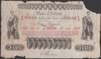 Bank of Ireland, £5, 16 July 1918, serial number T/26 99252, Baskin signature, upper right corner missing, other...