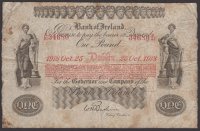 Bank of Ireland, £1, 25 October 1918, serial number A/51 34680, Baskin signature, minor rust at left, paper...