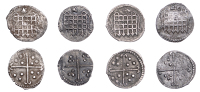 Elizabeth I, Sixth issue Halfpennies (4), mm. escallop, 0.27g/12h mm. hand, 0.26g/12h, woolpack, 0.14g/12h, mm. key,...