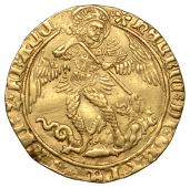 Henry VII (1485-1509), Angel, type IIIc, mm. pansy [1495-98], Archangel Michael slaying dragon, reads angli z franc,...