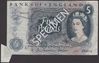 ERROR: Bank of England, Jasper Q. Hollom, £5, 21 February 1963, serial number J71 489032, extra flap of paper at...