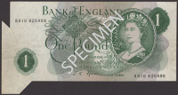 ERROR: Bank of England, John S. Fforde, £1, 15 February 1967, serial number R61D 625498, with flap of extra paper...