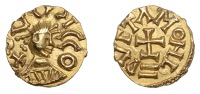 Early Anglo-Saxon Period, Merovingian, Tremissis, c. 600-700, Quentovic, struck by the moneyer Dutta, diademed bust...