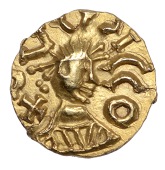 Early Anglo-Saxon Period, Merovingian, Tremissis, c. 600-700, Quentovic, struck by the moneyer Dutta, diademed bust...
