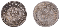Charles I (1625-1649), Aberystwyth mint, Threepence, mm. book, smaller plume in field, colon stops, rev. plume...