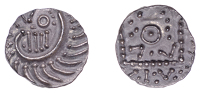 Early Anglo-Saxon Period, Sceatta, Continental series E, Secondary type, porcupine-like figure with zoomorphic...