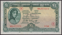 Currency Commission, Ireland, £1, 1 July 1941, serial number 90L077374, war code B, Brennan and McElligott...