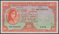 Currency Commission, Ireland, 10 Shillings, 5 December 1940, serial number 66F022403, war code K, Brennan and...