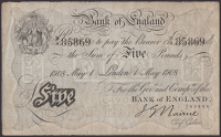 Bank of England, John G. Nairne, £5, London, 1 May 1908, serial number B/4 85869, paper moderately toned,...