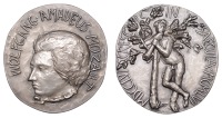 Austria, 200th Birthday of Mozart, 1956, a silver medal by Giacomo Manzu, Salzburg, bust left looking down, rev....