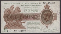 A mixed group of Bank of England notes and a single Treasury note, comprising Warren Fisher, £1, Beale, 10...