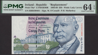 Central Bank of Ireland, replacement £50, 19 March 1999, serial number RRR599491, O’Conaill and Mullarkey...