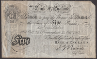 Bank of England, John G. Nairne, £5, Birmingham, 24 October 1912, serial number U/95 57088, staining at left,...