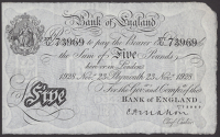 Bank of England, Cyril P. Mahon, £5, Plymouth, 23 November 1928, serial number 377/U 73969, lightly pressed, good...