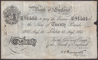 Bank of England, Kenneth O. Peppiatt, £20, London, 15 August 1935, serial number 51/M 91581, rusty staple holes,...