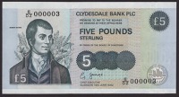 Clydesdale Bank PLC, £5, 19 June 2002, serial number E/DZ 000003, Savage signature, a slightly odd but very light...