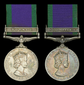 General Service 1962-2007, 1 clasp (2), Borneo (23871043 Pte. G. Low. Gordons.); South Arabia (23877201 Gdsm. G....
