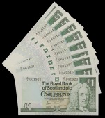 Royal Bank of Scotland PLC, £1 (14) and replacement £1 (5), 25 March 1987, prefixes A/1 (12), A/40 (2), and Z/1...