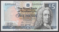 Royal Bank of Scotland PLC, £5 (12), 13 December 1988, serial number A/55 000082, 29 April 1998, prefix B/46, 27...
