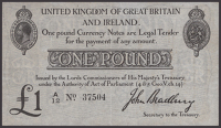 Treasury Series, John Bradbury, £1, 23 October 1914, serial number A/12 37504, faint and very faded annotation, a...