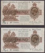 Treasury Series, Warren Fisher, £1 (2), 30 September 1919, prefixes R/76 and X/20, 10 Shillings, 6 November 1922,...
