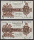 Treasury Series, Warren Fisher, £1, 25 July 1927, serial number T1/3 80280, round dot, also £1, serial number...