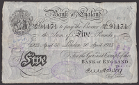 Bank of England, Ernest M. Harvey, £5, London, 30 April 1923, serial number 195/D 91171, bank stamps and...