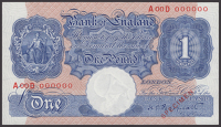 Bank of England, Kenneth O. Peppiatt, specimen £1, 29 March 1940, serial number A00D 000000, small red SPECIMEN...