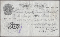 Bank of England, Kenneth O. Peppiatt, £5, 22 December 1944, serial number E96 004438, £1 (3), 29 March 1940,...