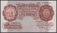 Bank of England, Kenneth O. Peppiatt, 10 Shillings, 2 April 1940, serial number 26L 198831, about uncirculated and...