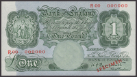 Bank of England, Kenneth O. Peppiatt, specimen £1, 13 September 1948, serial number R00 000000, red SPECIMEN...