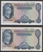 Bank of England, Leslie K. O’Brien, £5, 21 February 1957, prefix D72, also £5, 12 July 1961, prefix K22, also 10...