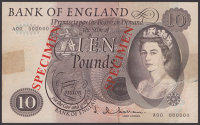 Bank of England, Jasper Q. Hollom, specimen £10, 21 February 1964, serial number A00 000000, pinholes, tape and...