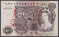 Bank of England, John S. Fforde, specimen £10, 9 January 1967, serial number A00 000000, red SPECIMEN overprint,...