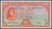 Currency Commission, Ireland, 10 Shillings, 7 September 1940, serial number 39F075703, war code H, Brennan and...