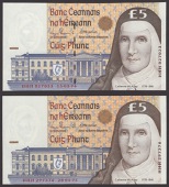 Central Bank of Ireland, replacement £5, 28 April 1994, serial number HHH 027021, 15 March 1994, serial number HHH...