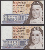 Central Bank of Ireland, consecutive replacement £5, 15 October 1999, serial numbers MMM615369-70, O’Conaill and...